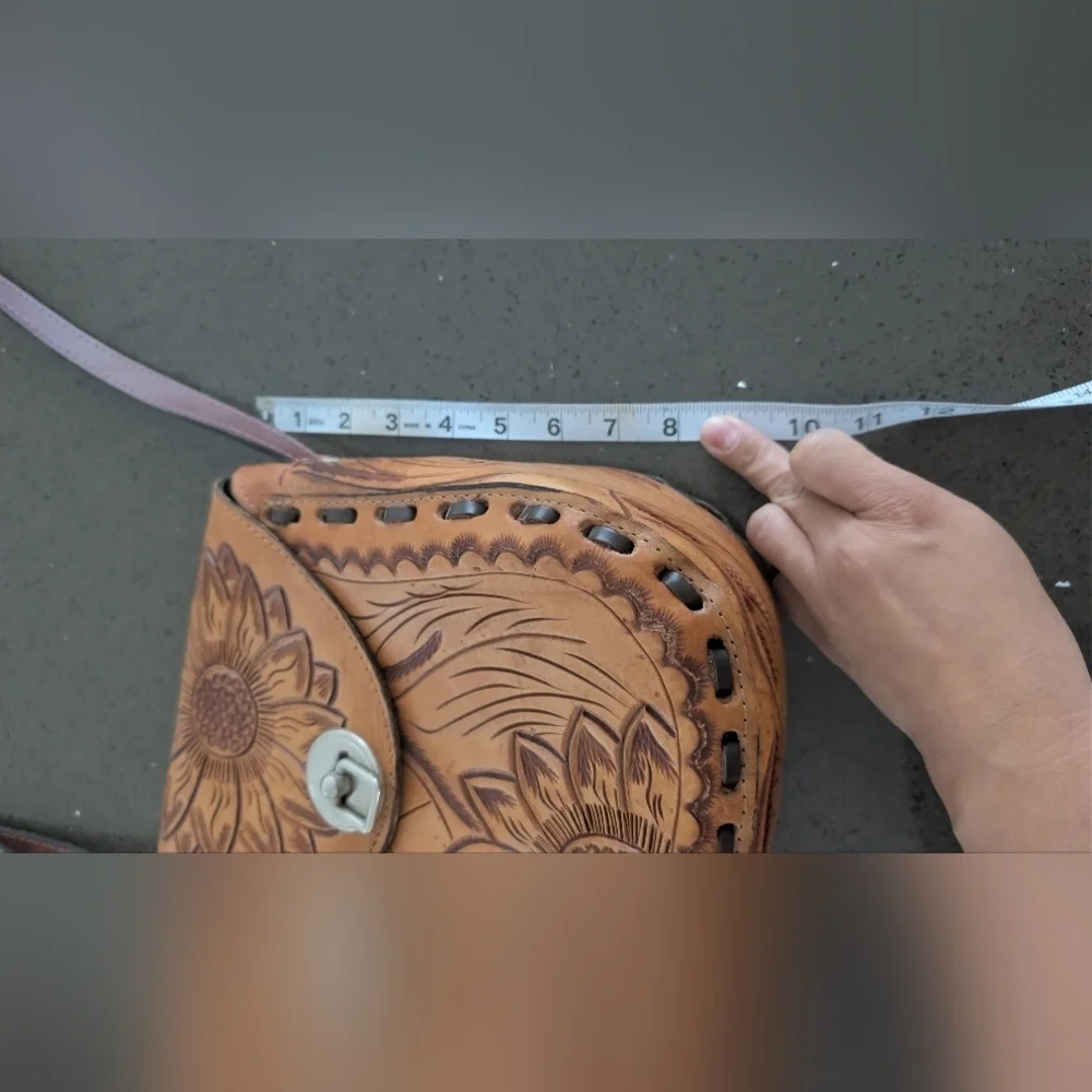 Sunflower Embossed Tan Leather Crossbody Bag Unique Personalized Leather Bag
